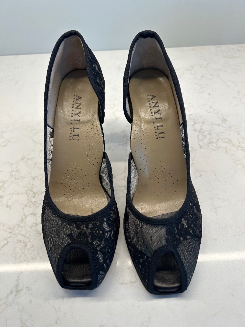NWOB Anyi Lu Paloma Black Lace Mesh Peep Toe Heels Sz 38.5